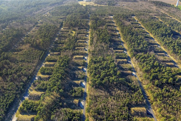 Aerial photo, Keller Pyro, storage facility for rent in Olfen, forest area Hullerner Straße, Olfen-Kirchspiel, Olfen, Münsterland, North Rhine-Westphalia, Germany, DE, Europe, aerial photo, aerial photography, aerial photography, Pyroland, overview, bird's-eye view, forest area, birds-eyes view, overview