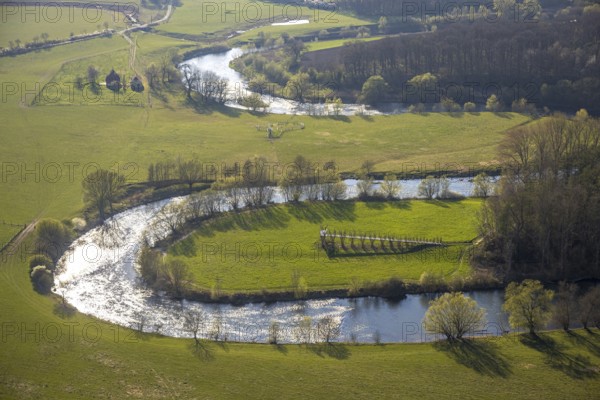 Aerial view, river Lippe meander, Lippe loop, river development and floodplain development of the Lippe Vogelsang, renaturation, city limits Olfen-Datteln, nature reserve Lippe floodplain, Olfen-Kirchspiel, Olfen, Münsterland, North Rhine-Westphalia, Germany, DE, Europe, river, river meander, Lippe floodplain, Lippe floodplain loop, aerial photograph, aerial photography, aerial photography, overview, bird's-eye view, bird's-eye view, overview