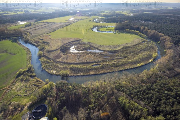 Aerial view, Lippe floodplain and river Lippe meander at the sewage treatment plant Olfen, Olfen-Kirchspiel, Olfen, Münsterland, North Rhine-Westphalia, Germany, DE, Europe, river, river meander, Lippe floodplain, Lippe floodplain loop, aerial photograph, aerial photography, aerial photography, overview, bird's-eye view, overview