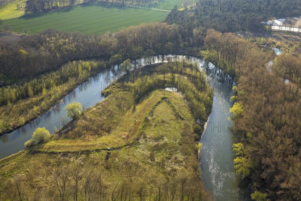 Aerial view, river Lippe meander, Lippe loop, river development and floodplain development of the Lippe Vogelsang, renaturation, city limits Olfen-Datteln, nature reserve Lippe floodplain, Olfen-Kirchspiel, Olfen, Münsterland, North Rhine-Westphalia, Germany, DE, Europe, river, river meander, Lippe floodplain, Lippe floodplain loop, aerial photograph, aerial photography, aerial photography, overview, bird's-eye view, bird's-eye view, overview