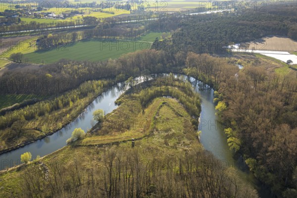 Aerial view, river Lippe meander, Lippe loop, river development and floodplain development of the Lippe Vogelsang, renaturation, city limits Olfen-Datteln, nature reserve Lippe floodplain, Olfen-Kirchspiel, Olfen, Münsterland, North Rhine-Westphalia, Germany, DE, Europe, river, river meander, Lippe floodplain, Lippe floodplain loop, aerial photograph, aerial photography, aerial photography, overview, bird's-eye view, bird's-eye view, overview