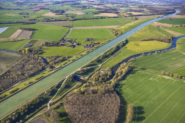 Aerial view, Hohe Mark nature park Park, Datteln-Ems Canal canal overpass and river Stever, Olfen-Kirchspiel, Olfen, Münsterland, North Rhine-Westphalia, Germany, DE, Europe, canal, aerial view, aerial photography, aerial photography, overview, subway, bird's-eye view, birds-eyes view, overview