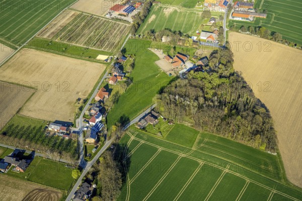 Aerial view, residential area and wooded area in the mountain, district Vinnum, Olfen-Kirchspiel, Olfen, Münsterland, North Rhine-Westphalia, Germany, DE, Europe, property tax, real estate, aerial view, aerial photography, aerial photography, overview, bird's-eye view, living and life, residential area, residential quality, residential neighbourhood, housing estate, residential area, birds-eyes view, overview