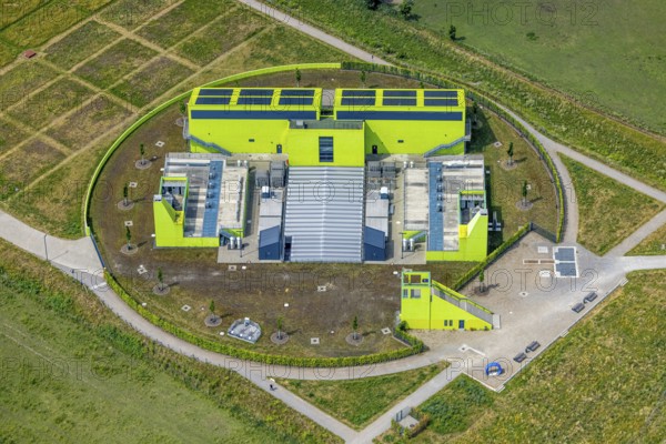 Aerial view, pumping station Oberhausen AKE, green building, Buschhausen, Oberhausen, Ruhr area, North Rhine-Westphalia, Germany, DE, Europe, aerial view, aerial photography, aerial photography, overview, birds-eyes view, overview, OberhausenNorth