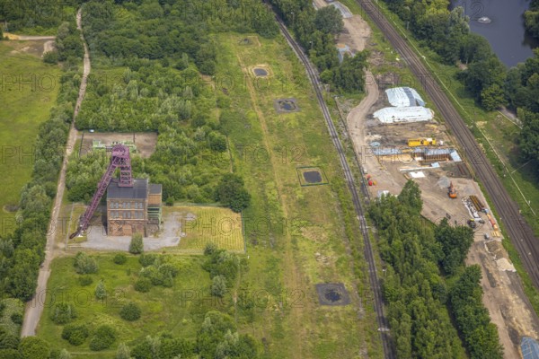 Aerial view, site with historic pithead frame of Sterkrade colliery, construction site, Schwarze Heide, Oberhausen, Ruhr area, North Rhine-Westphalia, Germany, construction work, construction area, construction site, building site, construction project, DE, Europe, aerial view, aerial photography, aerial photography, new building, overview, bird's eye view, colliery, birds-eyes view, overview, OberhausenNord