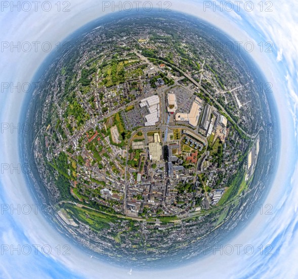 Aerial view, district Sterkrade, Bahnhofstraße shopping centre Sterkrader Tor with car park, technical town hall, bridge of the A516 Teutoburger Straße, globe, fisheye image, fisheye image, 360 degree image, tiny world, little planet, fisheye image, Sterkrade Mitte, Oberhausen, Ruhr area, North Rhine-Westphalia, Germany, DE, Europe, fisheye lens, fisheye lens, aerial view, aerial photography, aerial photography, super wide angle lens, overview, bird's eye view, birds-eyes view, fisheye lens, insta360 camera, overview