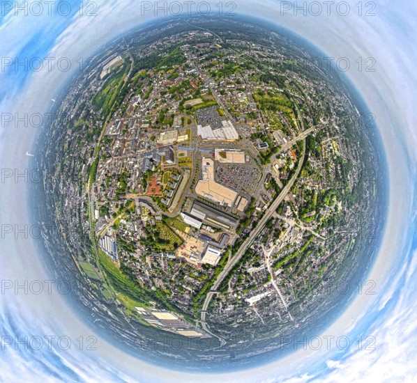 Aerial view, district Sterkrade, Bahnhofstraße shopping centre Sterkrader Tor with car park, technical town hall, bridge of the A516 Teutoburger Straße, globe, fisheye image, fisheye image, 360 degree image, tiny world, little planet, fisheye image, Sterkrade Mitte, Oberhausen, Ruhr area, North Rhine-Westphalia, Germany, DE, Europe, fisheye lens, fisheye lens, aerial view, aerial photography, aerial photography, super wide angle lens, overview, bird's eye view, birds-eyes view, fisheye lens, insta360 camera, overview