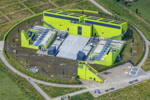Aerial view, pumping station Oberhausen AKE, green building, Buschhausen, Oberhausen, Ruhr area, North Rhine-Westphalia, Germany, DE, Europe, aerial view, aerial photography, aerial photography, overview, birds-eyes view, overview, OberhausenNorth