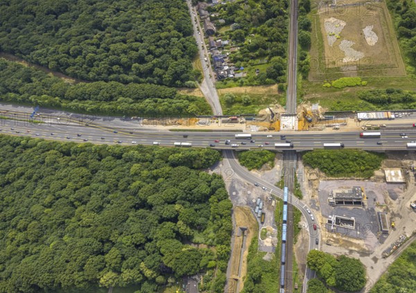 Aerial view, motorway A3 and Betuwe route renewal of bridges, Weseler Straße, Holten, Oberhausen, Ruhr area, North Rhine-Westphalia, Germany, construction work, construction area, building site, building plots, construction project, construction site, DE, Europe, aerial view, aerial photography, aerial photography, new construction, overview, bird's-eye view, overview, OberhausenNord