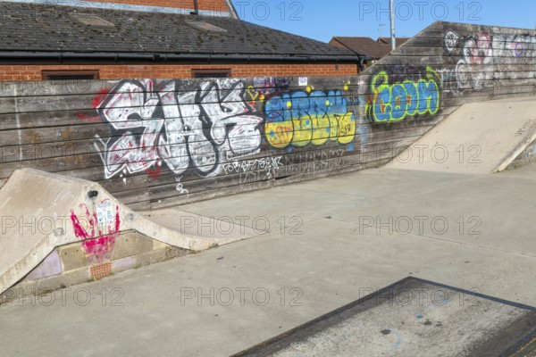 Graffiti artwork at Woodbridge Skatepark, Woodbridge, Suffolk, England, UK