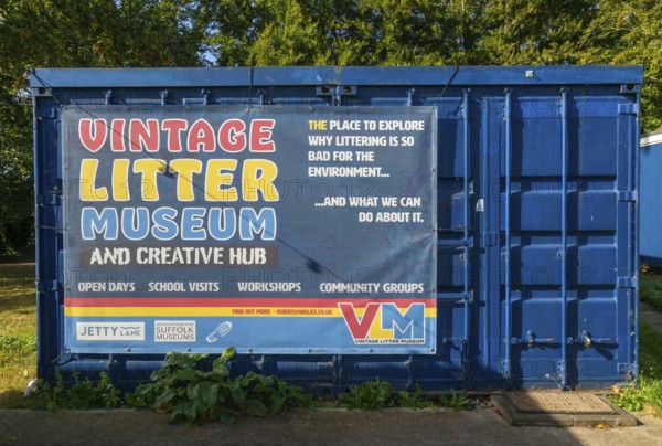 Vintage Litter Museum in recycled shipping container, Jetty Lane, Woodbridge, Suffolk, England, UK