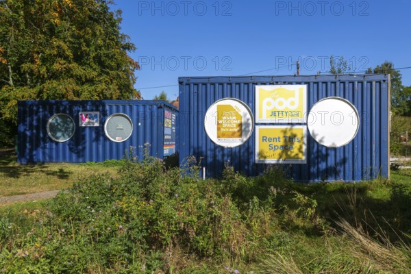 The Pod, warm welcome space, recycled shipping container, Jetty Lane, Woodbridge, Suffolk, England, UK