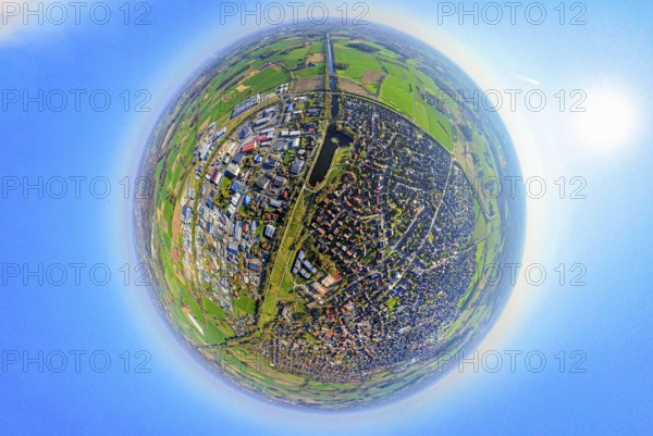 Aerial view, Alte Fahrt - disused section of the Dortmund-Ems Canal and residential area, commercial area east on the B235 federal road, earth globe, fisheye image, fisheye image, 360 degree image, tiny world, little planet, fisheye image, Olfen town, Olfen, Ruhr area, North Rhine-Westphalia, Germany, DE, Europe, fisheye lens, fisheye lens, commercial enterprises, commercial area, commercial area, commercial property, commercial park, commercial location, commercial use, property tax, real estate, industrial area, industrial location, aerial photography, aerial photography, aerial photography, Münsterland, super wide-angle lens, overview, bird's eye view, residential area, residential area, residential quality, residential neighbourhood, residential estate, residential area, birds-eyes view, fisheye lens, insta360 camera, overview