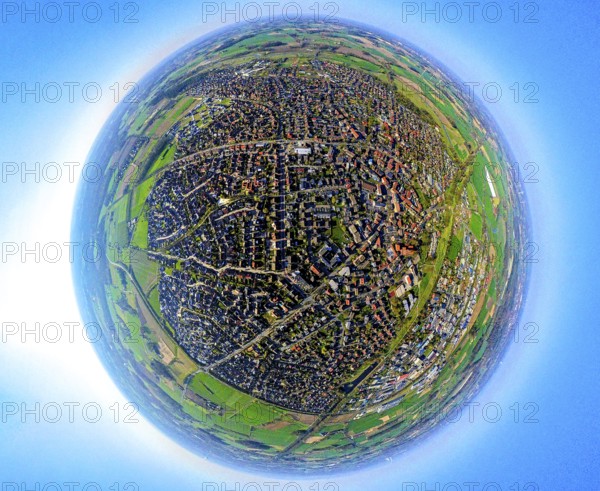 Aerial view, residential area, Olfen cityscape, earth globe, fisheye image, 360 degree image, tiny world, little planet, fisheye image, Olfen city, Olfen, Ruhr area, North Rhine-Westphalia, Germany, DE, Europe, fisheye lens, fisheye lens, property tax, real estate, aerial photography, aerial photography, aerial photography, Münsterland, super wide-angle lens, overview, bird's-eye view, housing estate, housing and living, residential area, quality of living, residential neighbourhood, housing estate, residential area, birds-eyes view, fisheye lens, insta360 camera, overview