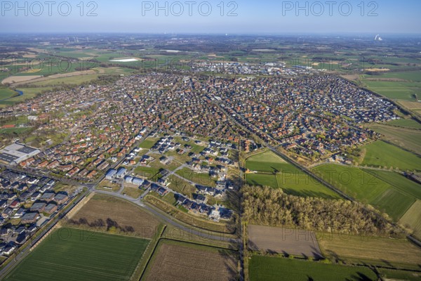 Aerial view, construction area, new development area Olfener Heide, streets with flower names, residential area overview Olfen, Olfen city, Olfen, Münsterland, North Rhine-Westphalia, Germany, construction work, construction area, construction site, building plots, construction project, construction site, DE, Europe, large construction site, property tax, real estate, aerial view, aerial photography, aerial photography, overview, bird's eye view, living and living, residential area, residential quality, residential neighbourhood, housing estate, residential area, birds-eyes view, overview