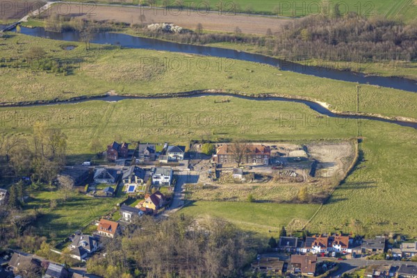 Aerial view, Haus Füchteln, construction site and building area, river Stever, Olfen-Kirchspiel, Olfen, Münsterland, North Rhine-Westphalia, Germany, construction work, construction area, building site, building plots, construction project, building site, DE, Europe, aerial view, aerial photography, aerial photography, overview, bird's eye view, birds-eyes view, overview