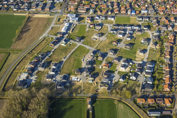 Aerial view, construction area, new development area Olfener Heide, streets with flower names, residential area overview Olfen, Olfen city, Olfen, Münsterland, North Rhine-Westphalia, Germany, construction work, construction area, construction site, building plots, construction project, construction site, DE, Europe, large construction site, property tax, real estate, aerial view, aerial photography, aerial photography, overview, bird's eye view, living and living, residential area, residential quality, residential neighbourhood, housing estate, residential area, birds-eyes view, overview