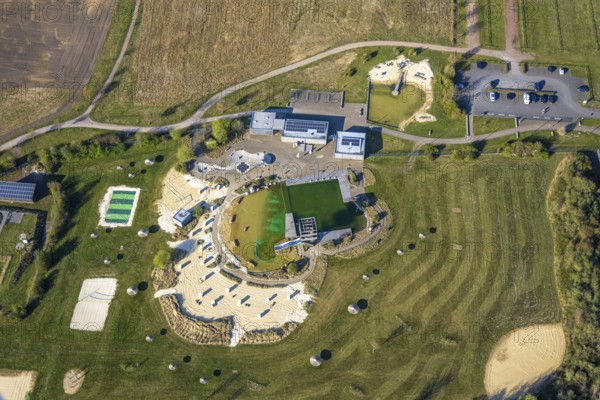 Aerial view, natural swimming pool Olfen outdoor pool and sandy beach and water playground, Olfen-Kirchspiel, Olfen, Münsterland, North Rhine-Westphalia, Germany, DE, Europe, aerial view, aerial photography, aerial photography, playground, overview, bird's eye view, birds-eyes view, overview