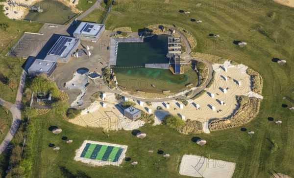 Aerial view, natural swimming pool Olfen outdoor pool and sandy beach and water playground, Olfen-Kirchspiel, Olfen, Münsterland, North Rhine-Westphalia, Germany, DE, Europe, aerial view, aerial photography, aerial photography, playground, overview, bird's eye view, birds-eyes view, overview