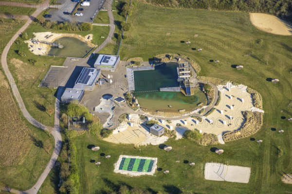 Aerial view, natural swimming pool Olfen outdoor pool and sandy beach and water playground, Olfen-Kirchspiel, Olfen, Münsterland, North Rhine-Westphalia, Germany, DE, Europe, aerial view, aerial photography, aerial photography, playground, overview, bird's eye view, birds-eyes view, overview
