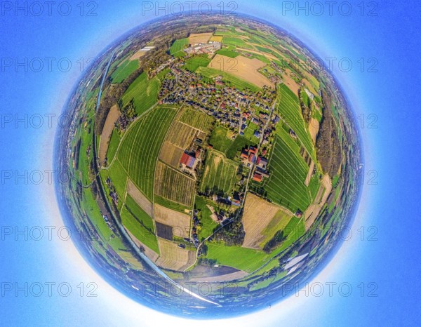 Aerial view, residential area, view of Vinnum district, surrounded by meadows and fields, globe, fisheye image, 360 degree image, tiny world, little planet, fisheye image, Olfen-Kirchspiel, Olfen, Ruhr area, North Rhine-Westphalia, Germany, DE, Europe, fisheye lens, fisheye lens, property tax, real estate, aerial photography, aerial photography, aerial photography, Münsterland, super wide angle lens, overview, bird's eye view, housing estate, housing and living, residential area, quality of living, residential neighbourhood, housing estate, residential area, birds-eyes view, fisheye lens, insta360 camera, overview
