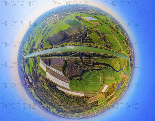 Aerial view, canal bridge Lippe Neue Fahrt, Dortmund-Ems-Kanal, NSG Lippeaue, earth globe, fisheye image, 360 degree image, tiny world, little planet, fisheye image, Olfen-Kirchspiel, Olfen, Ruhr area, North Rhine-Westphalia, Germany, DE, Europe, fish-eye lens, fisheye lens, aerial view, aerial photography, aerial photography, Münsterland, super wide-angle lens, overview, bird's-eye view, birds-eyes view, fisheye lens, insta360 camera, overview