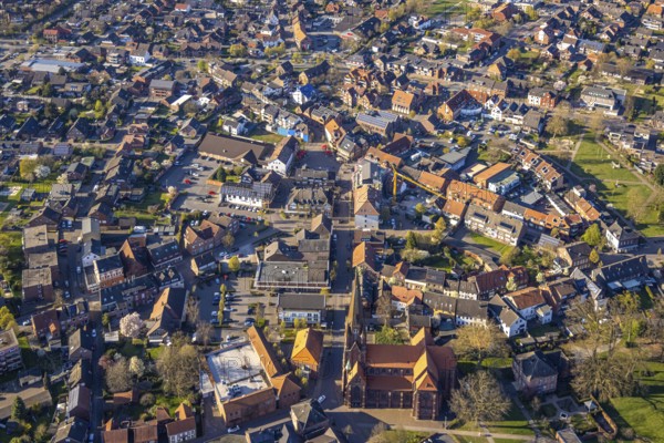 Aerial view, city centre view with town hall and new building site with facade cladding, market place, Olfen city, Olfen, Münsterland, North Rhine-Westphalia, Germany, construction work, construction area, building site, building plots, construction project, building site, authority, DE, Europe, aerial view, aerial photography, aerial photography, overview, bird's-eye view, overview