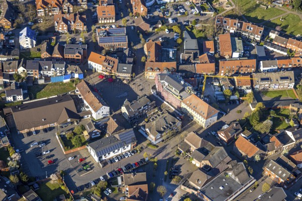 Aerial view, city centre view with town hall and new building site with facade cladding, market place, Olfen city, Olfen, Münsterland, North Rhine-Westphalia, Germany, construction work, construction area, building site, building plots, construction project, building site, authority, DE, Europe, aerial view, aerial photography, aerial photography, overview, bird's-eye view, overview