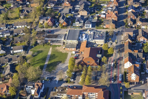 Aerial photo, volunteer fire brigade, indoor swimming pool construction site and town hall, Olfen town, Olfen, Münsterland, North Rhine-Westphalia, Germany, construction work, construction area, building site, building plots, construction project, construction site, fire fighters, fire protection, DE, Europe, events, fire station, fire brigade, indoor swimming pool, culture, art, aerial photography, aerial photography, rescue station, swimming pool, theatre, overview, events, venue, event location, event centre, bird's eye view, birds-eyes view, cultural use, overview