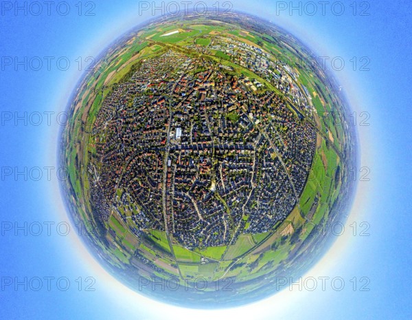 Aerial view, residential area local view, above Alte Fahrt - disused section of the Dortmund-Ems Canal the industrial estate east, earth globe, fisheye image, fisheye image, 360 degree image, tiny world, little planet, fisheye image, Olfen town, Olfen, Ruhr area, North Rhine-Westphalia, Germany, DE, Europe, fisheye lens, fisheye lens, commercial enterprises, commercial area, industrial estate, commercial property, commercial park, commercial location, commercial use, property tax, real estate, industrial area, industrial location, aerial photography, aerial photography, aerial photography, Münsterland, super wide-angle lens, overview, bird's eye view, residential area, residential area, residential quality, residential neighbourhood, residential estate, residential area, birds-eyes view, fisheye lens, insta360 camera, overview