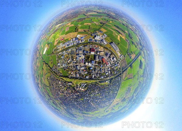Aerial view, Alte Fahrt - disused section of the Dortmund-Ems Canal and residential area, commercial area east on the B235 federal road, earth globe, fisheye image, fisheye image, 360 degree image, tiny world, little planet, fisheye image, Olfen town, Olfen, Ruhr area, North Rhine-Westphalia, Germany, DE, Europe, fisheye lens, fisheye lens, commercial enterprises, commercial area, commercial area, commercial property, commercial park, commercial location, commercial use, property tax, real estate, industrial area, industrial location, aerial photography, aerial photography, aerial photography, Münsterland, super wide-angle lens, overview, bird's eye view, residential area, residential area, residential quality, residential neighbourhood, residential estate, residential area, birds-eyes view, fisheye lens, insta360 camera, overview