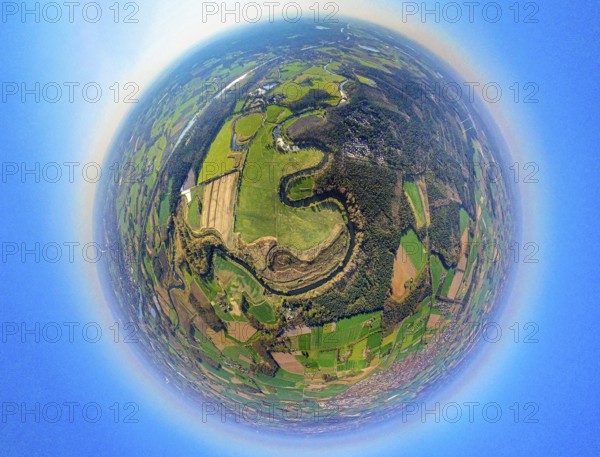 Aerial view, Lippe floodplain and river Lippe meander, earth globe, fisheye shot, fisheye shot, 360 degree shot, tiny world, little planet, fisheye picture, Olfen-Kirchspiel, Olfen, Ruhr area, North Rhine-Westphalia, Germany, DE, Europe, fisheye lens, fisheye lens, aerial view, aerial photography, aerial photography, Münsterland, super wide angle lens, overview, bird's eye view, birds-eyes view, fisheye lens, insta360 camera, overview