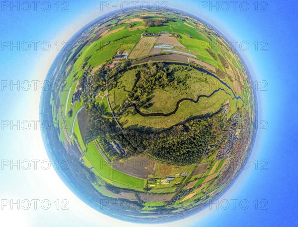 Aerial picture, Steveraue Olfen nature reserve NSG and river Stever meander, earth globe, fisheye picture, 360 degree picture, tiny world, little planet, fisheye picture, Olfen-Kirchspiel, Olfen, Ruhr area, North Rhine-Westphalia, Germany, DE, Europe, fish-eye lens, fisheye lens, aerial view, aerial photography, aerial photography, Münsterland, super wide-angle lens, overview, bird's-eye view, birds-eyes view, fisheye lens, insta360 camera, overview