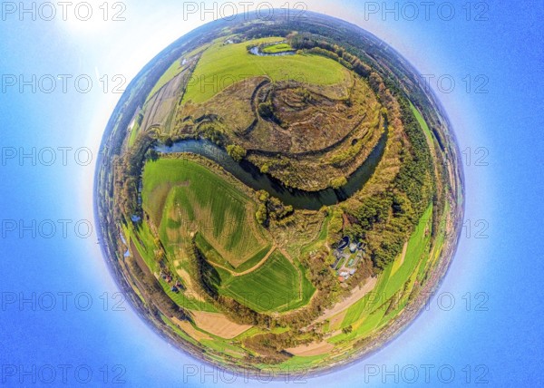 Aerial view, Lippe floodplain and river Lippe meander, meadows and fields, globe, fisheye image, 360 degree image, tiny world, little planet, fisheye image, Olfen-Kirchspiel, Olfen, Ruhr area, North Rhine-Westphalia, Germany, DE, Europe, fish-eye lens, fisheye lens, aerial view, aerial photography, aerial photography, Münsterland, super wide-angle lens, overview, bird's-eye view, birds-eyes view, fisheye lens, insta360 camera, overview
