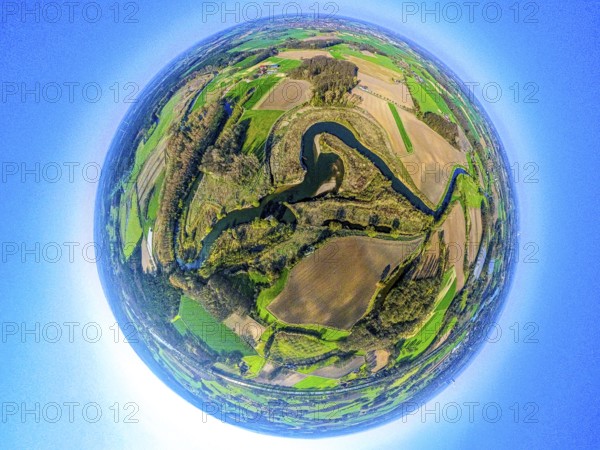 Aerial view, Lippe floodplain and river Lippe meander, meadows and fields, globe, fisheye image, 360 degree image, tiny world, little planet, fisheye image, Olfen-Kirchspiel, Olfen, Ruhr area, North Rhine-Westphalia, Germany, DE, Europe, fish-eye lens, fisheye lens, aerial view, aerial photography, aerial photography, Münsterland, super wide-angle lens, overview, bird's-eye view, birds-eyes view, fisheye lens, insta360 camera, overview
