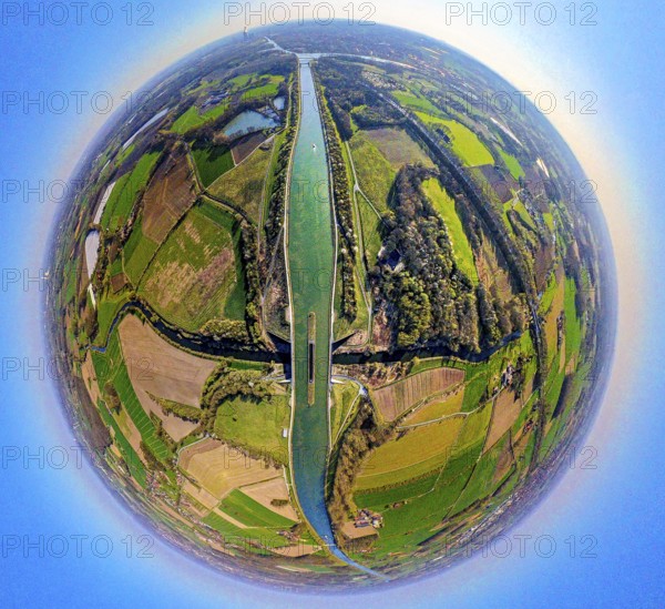 Aerial view, canal bridge Lippe Neue Fahrt, Dortmund-Ems-Kanal, NSG Lippeaue, earth globe, fisheye image, 360 degree image, tiny world, little planet, fisheye image, Pelkum, Datteln, Ruhr area, North Rhine-Westphalia, Germany, DE, Europe, fisheye lens, fisheye lens, aerial photography, aerial photography, aerial photography, Münsterland, Olfen, super wide angle lens, overview, bird's eye view, birds-eyes view, fisheye lens, insta360 camera, overview
