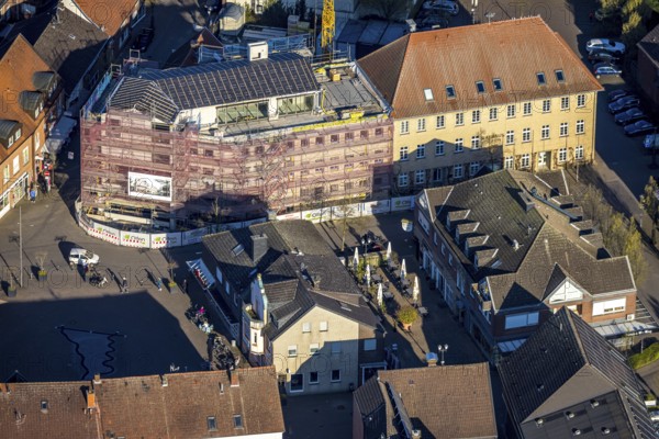 Aerial view, town hall and new building construction site with facade cladding, market place, Olfen town, Olfen, Münsterland, North Rhine-Westphalia, Germany, construction work, construction area, building site, building plots, construction project, construction site, authority, DE, Europe, aerial view, aerial photography, aerial photography, overview, bird's-eye view, overview