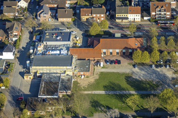 Aerial photo, volunteer fire brigade, indoor swimming pool construction site and town hall, Olfen town, Olfen, Münsterland, North Rhine-Westphalia, Germany, construction work, construction area, building site, building plots, construction project, construction site, fire fighters, fire protection, DE, Europe, events, fire station, fire brigade, indoor swimming pool, culture, art, aerial photography, aerial photography, rescue station, swimming pool, theatre, overview, events, venue, event location, event centre, bird's eye view, birds-eyes view, cultural use, overview
