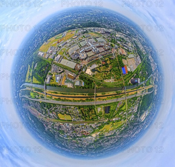 Aerial view, Westfield Centro shopping centre Neue Mitte with gasometer, motorway A42 and river Emscher, Rhine-Herne-Canal, globe, fisheye image, fisheye image, 360 degree image, tiny world, little planet, fisheye image, Borbeck, Oberhausen, Ruhr area, North Rhine-Westphalia, Germany, DE, shopping centre, shopping mall, Europe, fisheye lens, fisheye lens, aerial view, aerial photography, aerial photography, shopping centre, super wide angle lens, overview, bird's eye view, birds-eyes view, fisheye lens, insta360 camera, overview