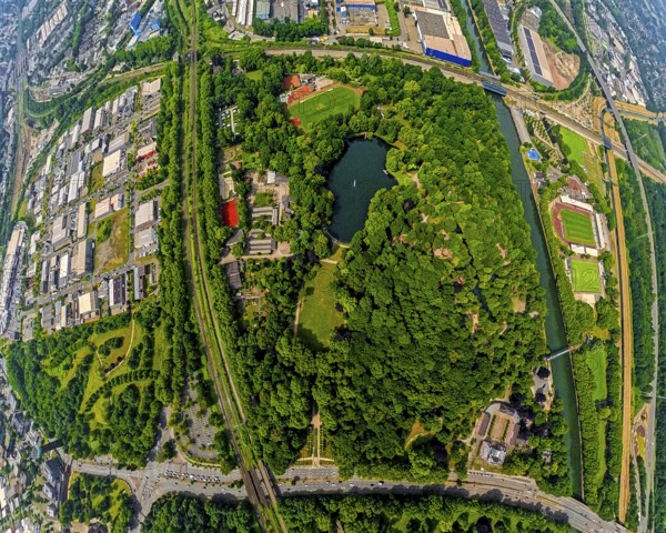 Aerial view, Kaisergarten Park and Zoo, forest with lake, globe, fisheye image, fisheye image, 360 degree image, tiny world, little planet, fisheye image, Marienviertel, Oberhausen, Ruhr area, North Rhine-Westphalia, Germany, DE, Europe, fisheye lens, fisheye lens, aerial view, aerial photography, aerial photography, super wide angle lens, overview, bird's eye view, birds-eyes view, fisheye lens, insta360 camera, overview