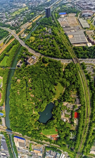Aerial view, Kaisergarten Park and Zoo, forest with lake, globe, fisheye image, fisheye image, 360 degree image, tiny world, little planet, fisheye image, Marienviertel, Oberhausen, Ruhr area, North Rhine-Westphalia, Germany, DE, Europe, fisheye lens, fisheye lens, aerial view, aerial photography, aerial photography, super wide angle lens, overview, bird's eye view, birds-eyes view, fisheye lens, insta360 camera, overview