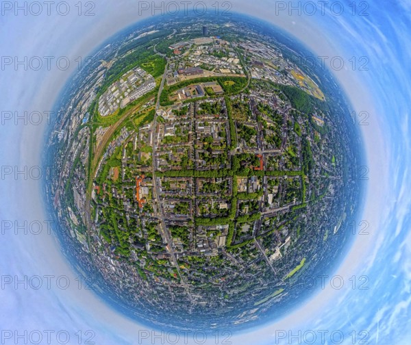 Aerial view, Knappenviertel, residential area Knappenstraße with square street layout and residential area, earth globe, fisheye image, fisheye image, 360 degree image, tiny world, little planet, fisheye image, Brücktonviertel, Oberhausen, Ruhr area, North Rhine-Westphalia, Germany, DE, Europe, fisheye lens, fisheye lens, property tax, real estate, aerial photography, aerial photography, aerial photography, super wide angle lens, overview, bird's eye view, housing estate, housing and living, residential area, quality of living, residential neighbourhood, housing estate, residential area, birds-eyes view, fisheye lens, insta360 camera, overview