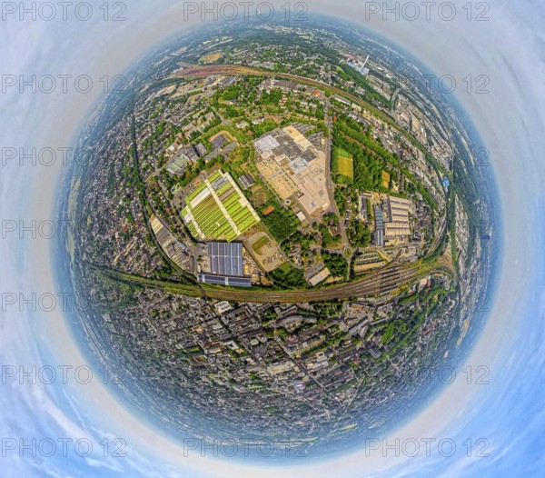 Aerial view, Bero-Center shopping centre, Carl Später GmbH steel trader factory premises, Oberhausen main station, globe, fisheye image, 360 degree image, tiny world, little planet, fisheye image, Bero-Zentrum, Oberhausen, Ruhr area, North Rhine-Westphalia, Germany, DE, Europe, fisheye lens, fisheye lens, aerial view, aerial photography, aerial photography, super wide angle lens, overview, bird's eye view, birds-eyes view, fisheye lens, insta360 camera, overview