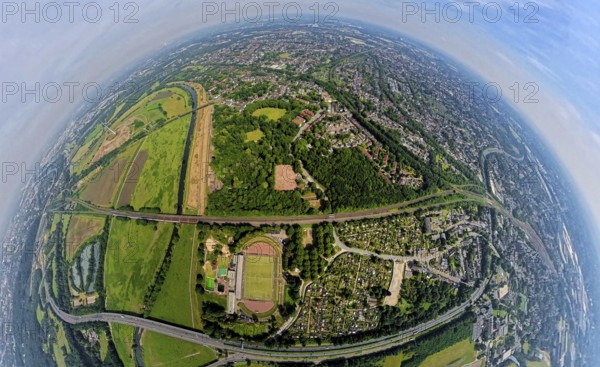 Aerial view, Ruhrpark forest area on the Ruhr river and Ruhr valley with railway bridge, construction site on the banks of the Ruhr and ferry road, globe, fisheye image, fisheye image, 360 degree image, tiny world, little planet, fisheye image, Alstaden, Oberhausen, Ruhr area, North Rhine-Westphalia, Germany, DE, Europe, fisheye lens, fisheye lens, aerial view, aerial photography, aerial photography, super wide angle lens, overview, bird's eye view, birds-eyes view, fisheye lens, insta360 camera, overview