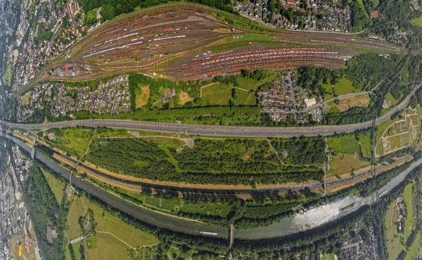 Aerial view, Deutsche Bahn AG Osterfeld freight station, A42 motorway and Vondern Castle on the Emscher River and Rhine-Herne Canal, Earth globe, fisheye image, fisheye image, 360 degree image, tiny world, little planet, fisheye image, Vondern, Oberhausen, Ruhr area, North Rhine-Westphalia, Germany, railway area, railway station, DE, Deutsche Bahn AG, Europe, fisheye lens, fisheye lens, railway tracks, aerial view, aerial photography, aerial photography, super wide angle lens, overview, bird's eye view, birds-eyes view, fisheye lens, insta360 camera, overview