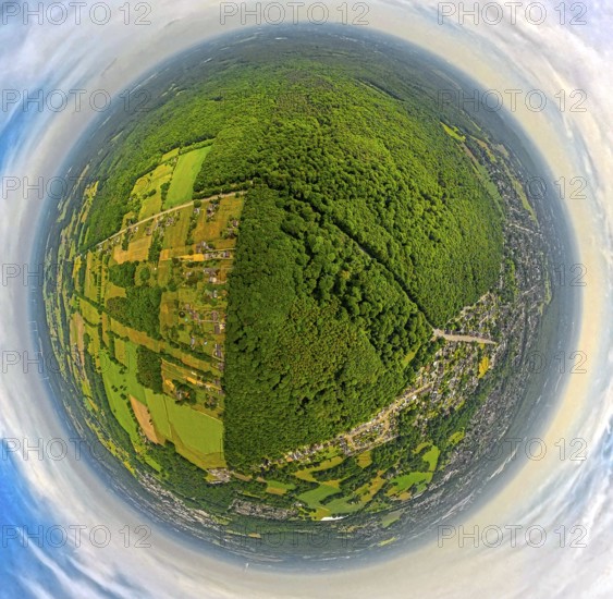 Aerial view, Hiesfeld forest, meadows and fields, globe, fisheye image, fisheye image, 360 degree image, tiny world, little planet, fisheye image, Walsumer Mark, Oberhausen, Ruhr area, North Rhine-Westphalia, Germany, DE, Europe, fisheye lens, fisheye lens, aerial view, aerial photography, aerial photography, super wide angle lens, overview, bird's eye view, birds-eyes view, fisheye lens, insta360 camera, overview