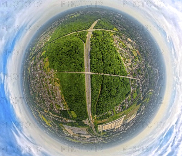 Aerial view, motorway junction Oberhausen with motorway A3, motorway A2 and motorway A516 in the Sterkrader forest, earth globe, fisheye image, 360 degree image, tiny world, little planet, fisheye image, Alsfeld, Oberhausen, Ruhr area, North Rhine-Westphalia, Germany, motorway, DE, Europe, fisheye lens, fisheye lens, forest, aerial photography, aerial photography, super wide angle lens, overview, bird's eye view, forest, forest area, birds-eyes view, fisheye lens, insta360 camera, overview