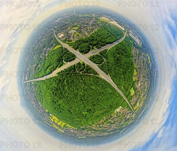 Aerial view, motorway junction Oberhausen with motorway A3, motorway A2 and motorway A516 in the Sterkrader forest, earth globe, fisheye image, 360 degree image, tiny world, little planet, fisheye image, Alsfeld, Oberhausen, Ruhr area, North Rhine-Westphalia, Germany, motorway, DE, Europe, fisheye lens, fisheye lens, forest, aerial photography, aerial photography, super wide angle lens, overview, bird's eye view, forest, forest area, birds-eyes view, fisheye lens, insta360 camera, overview