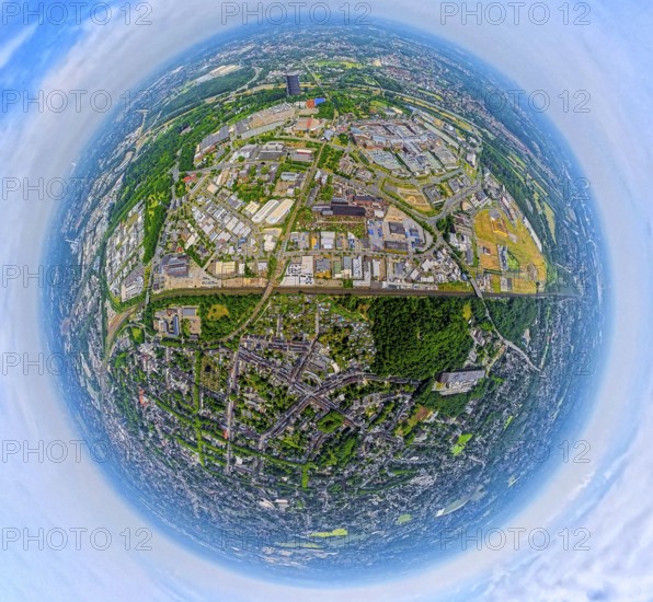 Aerial view, Westfield Centro shopping centre Neue Mitte with gasometer, motorway A42 and river Emscher, Rhine-Herne-Canal, globe, fisheye image, fisheye image, 360 degree image, tiny world, little planet, fisheye image, Borbeck, Oberhausen, Ruhr area, North Rhine-Westphalia, Germany, DE, shopping centre, shopping mall, Europe, fisheye lens, fisheye lens, aerial view, aerial photography, aerial photography, shopping centre, super wide angle lens, overview, bird's eye view, birds-eyes view, fisheye lens, insta360 camera, overview