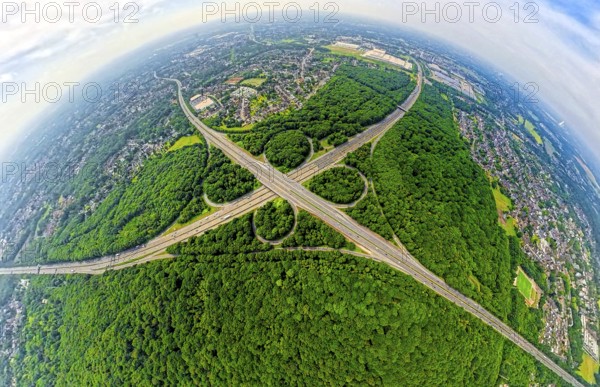 Aerial view, motorway junction Oberhausen with motorway A3, motorway A2 and motorway A516 in the Sterkrader forest, earth globe, fisheye image, 360 degree image, tiny world, little planet, fisheye image, Alsfeld, Oberhausen, Ruhr area, North Rhine-Westphalia, Germany, motorway, DE, Europe, fisheye lens, fisheye lens, forest, aerial photography, aerial photography, super wide angle lens, overview, bird's eye view, forest, forest area, birds-eyes view, fisheye lens, insta360 camera, overview